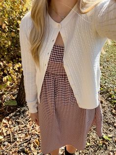 Cable Knit Cardigan Outfit, Knit Cardigan Outfit, Brown Gingham, Leaves Falling, Church Fits, Autumn School Outfit, Outfit Autumn, Cardigan Outfit, Modest Style