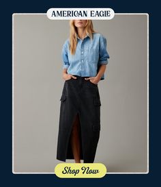 Rigid cotton denim with no stretch/Black wash/Cargo pockets/This skirt is Real Good: Made with the planet in mind & a promise to continue to do better. Low Rise, American Eagle Outfitters, American Eagle, Denim Skirt, Maxi Skirt, Women Jeans, Shop Now, Black