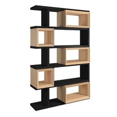 a black and wood book shelf with four shelves