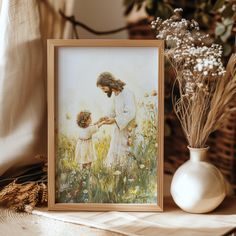 a painting of a mother and daughter holding hands in front of a vase with flowers