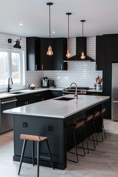 32 Black Kitchen Cabinet Ideas Dark Kitchen Cabinets With Open Shelving, Black Cabinets Kitchen, Black Kitchen Cabinet, Kitchen Design Countertops, Modern Black Kitchen, Black Kitchen Decor, Kitchen Cabinet Ideas, Cabin Kitchen