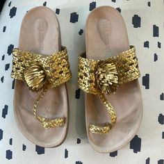 New Size 38 Gold Ulla Johnson Sandals Elegant Gold Sandals With Woven Sole, Chic Gold Sandals With Woven Sole, Gold Woven Leather Sandals For Spring, Gold Cushioned Flip Flops For Spring, Gold Leather Sandals With Woven Sole, Gold Cushioned Sandals For Summer, Gold Elegant Flip Flops, Gold Leather Flip Flops For Summer, Gold Woven Leather Sandals For Summer