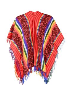 Our traditional woven red and black poncho with rainbow stripes is as stylish as it is practical at keeping the chill off. Fringe is 2.5 inches long. Pattern and fringe may vary slightly. Woven of wool and acrylic in the Sacred Valley of the Incas, Peru. Traditional Red Poncho For Fall, Traditional Red Fall Poncho, Red Poncho For Festival In Fall, Traditional Red One-size Poncho, Red Poncho For Beach In Fall, Red Fall Festival Poncho, Winter Multicolor Poncho With Tassels, Multicolor Tassel Poncho For Winter, Red Bohemian Poncho With Fringe