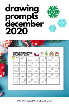 a calendar with the words drawing prompts december and december on it next to christmas decorations