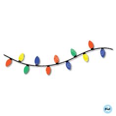 a string of colorful christmas lights hanging from a wire on a white background with clippings