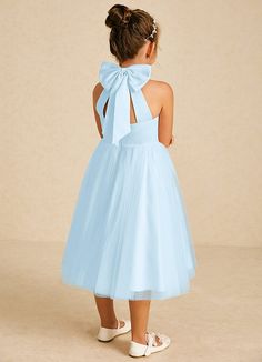 Dora features a charming A-line silhouette in matte satin and tulle, with a stylish halter neckline and playful bows. Sleeveless and easy to wear with a zipper back, it’s perfect for adding a touch of elegance to any special occasion. Little Bridesmaids Dresses Kids Blue, Baby Blues Dresses, Lavender Flower Girl Dress, Tea Length Flower Girl Dress, Tea Length Tulle, Flower Girl Dresses Blue, Military Ball Dresses, Special Event Dresses, Sage Dress