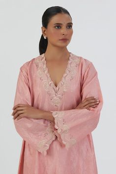 Salmon pink bell sleeves asymmetric kurta in silk base with sheer petunia lace embroideries on the sleeves, hem and neckline. Paired with a matching palazzo. - Aza Fashions Asymmetric Kurta, Kurta With Palazzo, Silk Kurta, Lace Border, Silk Embroidery, Fashion App, Salmon Pink, Lace Embroidery, Pink Silk