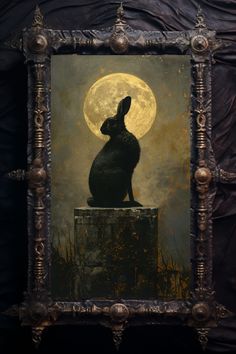 a painting of a rabbit sitting on top of a box in front of a full moon