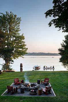 an image of a fire pit with chairs around it and the words pinterest