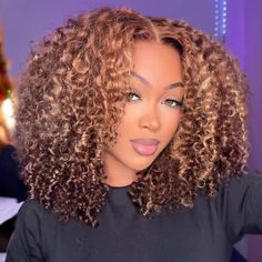 ISEE Wear Go Highlight Brown Color Kinky Curly Glueless Wig Pre-Cut HD Lace Closure Wig Curly Glueless Wig, Highlight Wigs, Short Brunette Hair, Highlight Brown, Hd Lace Wigs, Overnight Hairstyles, Ombre Brown, Colored Curly Hair, Glueless Wig