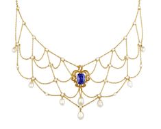 A stunning 6.07-carat untreated Burma sapphire centers this exceptional Victorian-era bib necklace. The incredibly rare and monumentally sized jewel shares its perfect velvety blue color amidst crisscross links of gold dotted with lustrous white pearls. The sapphire is GIA-certified to be unheated and Burmese in origin. Set in 14K yellow gold. 16 1/2" length Download the Certification Antique Sapphire Necklace, Luxury Blue Necklace With Intricate Design, Handmade Victorian Blue Necklace, Ornate Blue Necklace With Intricate Design, Luxury Antique Blue Necklace, Gold Dots, Antique Necklace, Dope Jewelry, Sapphire Necklace