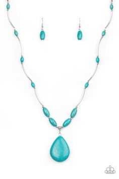 A collection of shiny silver beads and refreshing turquoise stone beads are threaded along an invisible wire below the collar. A dramatically oversized turquoise teardrop pendant swings from the bottom of a seasonal flair. Features an adjustable clasp closure. Paparazzi Necklaces, Element Necklace, Blue Stone Necklace, Jewelry Displays, Silver Bead Necklace, Paparazzi Accessories, Teardrop Pendant, Blue Necklace, Paparazzi Jewelry