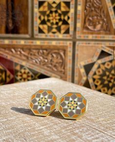 AWTANI's classics that never go out of style. These earrings were inspired by the traditional Syrian mosaic designs that are often carved on wooden boxes. Incorporated with geometric patterns, these designs have been a rich part of Syrian culture and have been an ancient craft passed down from generation to generation for centuries.   Material:  Enamel Brass Metal Traditional Inlay Earrings For Gift, Traditional Inlay Earrings As Gift, Syrian Culture, Micro Mosaic Jewelry, Art Nouveau Illustration, Arabic Calligraphy Art, Micro Mosaic, Mosaic Designs, Traditional Jewelry