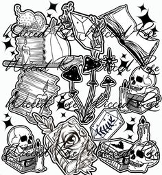 a black and white drawing of many different items