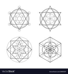 four sacred symbols in the form of hexagonics and circles on white background