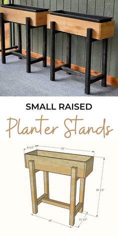 the plans for a small raised planter stand are shown in two different sizes and colors