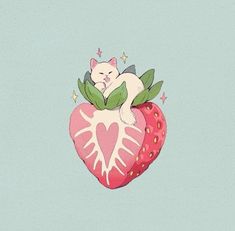 a white cat sleeping on top of a strawberry with green leaves and stars around it