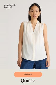 Our popular stretch silk blouse but now sleeveless. It's a classic, versatile look with a bit of stretch for a more forgiving fit and additional versatility. Perfect for work meetings, or stepping out to brunch. Plus, silk fiber contains 18 kinds of amino acids that make it amazing for skin nourishment, hypo-allergenic, and naturally thermoregulating to help maintain body temperature.  | Quince | Women's 100% Washable Silk Stretch Sleeveless Blouse in Ivory, Size XL Sleeveless Silk Blouse, Work Meetings, Silk Fiber, Work Meeting, Body Temperature, Mulberry Silk, Amino Acids, Quince, Sleeveless Blouse