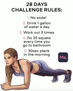 a woman doing push ups on her stomach with the text 28 days challenge rules written below