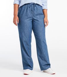 Thanks to your feedback, our more generous fit returns in cool, comfortable cotton denim. Inseams: Regular 30", Petite 28", Medium Tall 32", Plus 30". Classic Fit: Sits at the waist. Relaxed through hip and thigh. Straight-leg. Made from 100% cotton denim and washed for lived-in. Machine wash and dry. Comfortable elastic waistband with drawstring. Front and back patch pockets. Imported. Fit: Classic - Sits at Waist | Women's Original Sunwashed Pants, Denim, Cotton Denim Ll Bean Women, Pants Denim, Denim Cotton, Pants Jeans, L L Bean, Favorite Jeans, Straight Leg Pants, Denim Pants, Denim Women