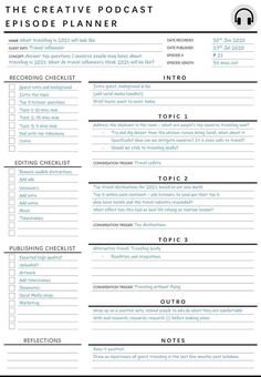 Podcast Planner! Use this EDITABLE Podcast Template as a checklist to plan your episode script and create content for your Podcast! This Printable Worksheet can be used to plan and track key conversation topics, triggers and your workflow Podcast Schedule Template, Podcast Outline Template, Podcast Essentials, Podcast Journal, Podcast Planner, Podcast Template, Creative Podcast, Planner Youtube, Content Calendar Template