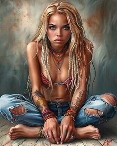 a painting of a woman sitting on the floor with her hands in her pockets and tattoos