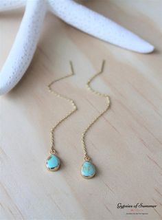 Turquoise Gold Threader Earrings / Gemstone Drop Earrings / image 7 Turquoise Long Drop Earrings With Ear Wire, Adjustable Turquoise Teardrop Jewelry, Adjustable Turquoise Teardrop Earrings, Turquoise Dangle Jewelry With Adjustable Chain, Turquoise Jewelry With Adjustable Chain, Dainty Turquoise Dangle Jewelry, Turquoise Teardrop Wire Wrapped Jewelry, Dainty Turquoise Teardrop Jewelry, Adjustable Teardrop Turquoise Earrings