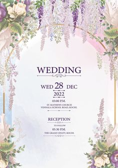 the wedding poster is decorated with flowers and greenery