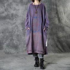 Side Slits Totem Pattern Yellow Dress Cotton Oversized T-shirt Dress in Grape Mustard Blue One Size - Morimiss.com Plain Midi Dress, Fringe Sweatshirt, Oversized T Shirt Dress, Calf Sleeve, Cotton Long Dress, Sweat Dress, Fall Dress, Ethnic Print, Dress Long Sleeve