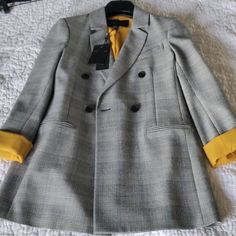 Jacket Is New With Tags. Length: 28 In Sleeves: 19.5 In Tailored Yellow Outerwear For Office, Chic Yellow Blazer For Fall, Chic Yellow Fall Blazer, Chic Tailored Yellow Outerwear, Fitted Yellow Outerwear For Office, Chic Yellow Outerwear For Office, Chic Yellow Office Outerwear, Yellow Long Sleeve Outerwear For Office, Formal Yellow Outerwear For Spring