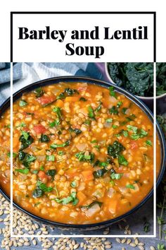 barley and lentil soup in a black bowl on a blue background with white border