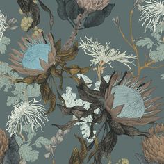 a floral wallpaper with blue and brown flowers on a gray background, including leaves