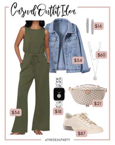 Is there anything better than an olive green jumpsuit outfit? It's so trendy and cute! Try pairing a jumpsuit with a denim jacket for an easy look. It's one of my favorite casual weekend outfit ideas. Weekend Outfit Ideas, Olive Jumpsuit, Olive Green Jumpsuit, Casual Weekend Outfit, Womens Jumpsuits