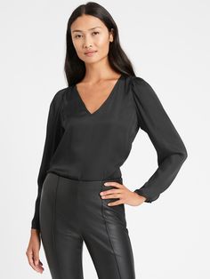 Soft Satin Puff-Sleeve Top | Banana Republic Elegant Spring Top With Padded Shoulders, Elegant Tops With Padded Shoulders For Spring, Elegant Fitted Top With Gathered Sleeves, Elegant Fitted Top With Padded Shoulders, Elegant Fitted Tops With Padded Shoulders, Elegant Tops With Gathered Sleeves For Night Out, Elegant Long Sleeve V-neck Top, Elegant Balloon Sleeve Tops For Fall, Formal Tops With Blouson Sleeves In Solid Colors