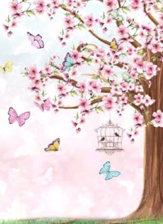 a tree with pink flowers and butterflies on it