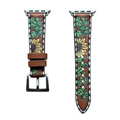 a pair of brown leather straps with flowers on the front and back of each strap