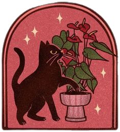 a black cat standing next to a potted plant on top of a pink background