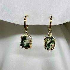 Moss Agate 24k Gold-plated Slab Crystal Snug Huggie Earrings, TINY Moss Agate Tiny Hoops, Dainty Green Moss Agate Gold Earrings - Etsy Miss Agate Jewelry, Cool Gold Earrings, Rectangular Natural Stone Earrings For Gifts, Moss Agate Earrings, Snug Earrings, Moss Earrings, Gold Stone Earrings, Stone Earrings Gold, Moss Agate Jewelry