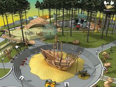 an artist's rendering of a playground in the shape of a pirate ship, with trees and other things surrounding it