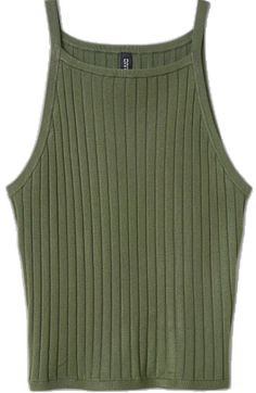 Casual Olive Knit Tops, Green Ribbed Knit Tank Top, Casual Ribbed Knit Crop Top, H&m Knit Crew Neck Tops, Olive Fitted Casual Top, Casual Green H&m Tops, Casual Sleeveless H&m Crop Top, Green Knit Tank Top For Fall, Casual Sleeveless Crop Top From H&m