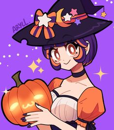 a woman in a witch costume holding a pumpkin and wearing a black hat with stars on it