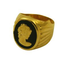 apop exclusives, vintage style lady cameo ring, made of quality gold filled, wide band width. Classic lady cameo style. Unisex. Inspired by vintage cameos. Measurements: .60 inch motif Material Fine Gold-Fill, goldtone finish, enamel, Gold Cameo Signet Ring Collectible, Victorian Gold Cameo Rings, Gold Signet Ring With Cameo Collectible, Vintage Cameo Signet Ring For Anniversary, Vintage Gold Cameo Ring, Gold Cameo Ring Jewelry, Vintage Cameo Signet Ring, Classic Gold Cameo Signet Ring, Retro Gold Cameo Jewelry