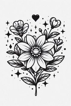 a black and white drawing of flowers with hearts on the side, surrounded by stars