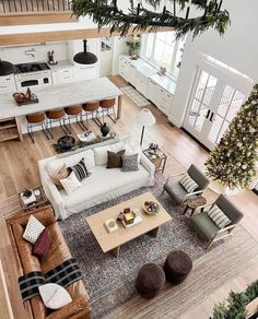 an overhead view of a living room and kitchen