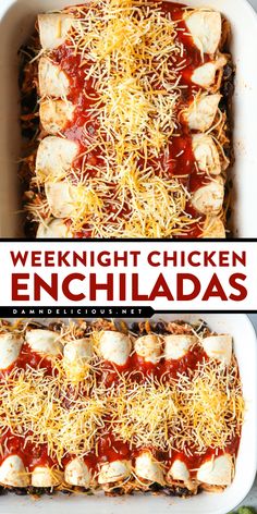 A weeknight dinner for family using leftover rotisserie chicken! Complete with black beans and an easy red sauce, these chicken enchiladas are delicious. Save this weeknight enchilada recipe and enjoy this meat main dish! Enchilada Casserole Chicken, Chicken And Black Bean Enchiladas, Weeknight Chicken, Black Bean Enchiladas, Enchilada Recipe, Bean Enchiladas, Homemade Enchiladas, Leftover Rotisserie Chicken