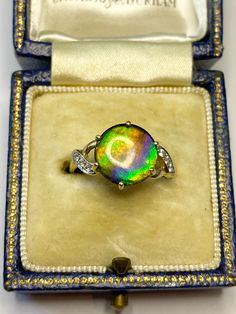 A STUNNING 9 karat gold ring. Featuring a beautiful statement solitaire of a mystic green ammolite stone. In daylight it catches the beautiful hues of green, yellow and purple. To the left and right there three small sparkly white sapphires that just truly add to the beauty of this ring. Hallmarked 375 for 9 karat gold. The perfect ring for any nature lover! About ammolite: Ammolite is an opal-like organic gemstone found primarily along the eastern slopes of the Rocky Mountains of North America. It is made of the fossilized shells of ammonites. Ring size UK/AUS L 1/2 Ring size US 6.25 Condition: In really good condition. There is no damage to the ammolite stone. Please look at the photos as they are truly representative of the condition of this amazing ring! Use the code MAGICJEWELS20 for Round Solitaire, Antique Jewellery, White Sapphire, Perfect Ring, Rocky Mountains, Statement Ring, Rings Statement, Green Yellow, Nature Lover