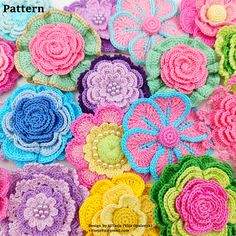 crochet flower appliques are shown in many different colors and sizes,