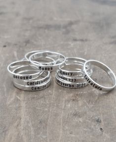 { sterling stacking rings . Personalize rings with names, dates, mantra, inspirational message, etc. } mom rings . personalized name rings . child name stackable rings {ONE} simple sterling ring beautiful for stacking with other rings . custom name(s), date, and or message up to 20 characters . approx. 3mm in width . message only stampable on the outside of the ring {all rings come packaged and ready to gift ~ if shipping directly to gift recipient and you want me to include a note from you just Rings With Names, Mom Rings, Mantra Ring, Sapphire Engagement Ring Set, Mothers Ring, Mom Ring, Flower Engagement Ring, Mother Rings, Name Rings