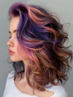 Top Summer Hair Colors for 2024 Chunky Fall Hair, Colorful Fall Hair Colors, Vivid Hair Highlights, Multiple Color Hair Dye Ideas, Multi Color Fall Hair, Colorful Wedding Hair, Vivid Peekaboo Highlights, Purple And Peach Hair, Colorful Hair Ideas For Blondes