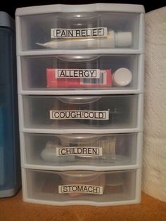 the drawers are labeled with allergys and children's products